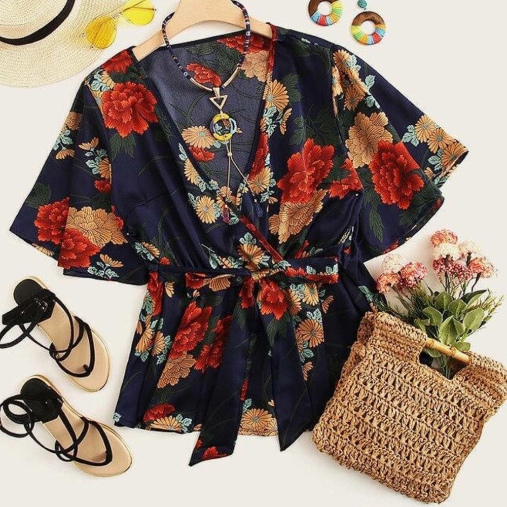 PLUS floral print peplum knot wrap self tie blouse - Picture 1 of 5